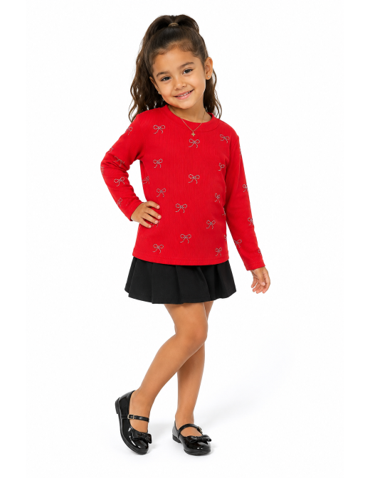 T-shirt Rouge Côtelé Nœuds Strass Fille | Zerda 2