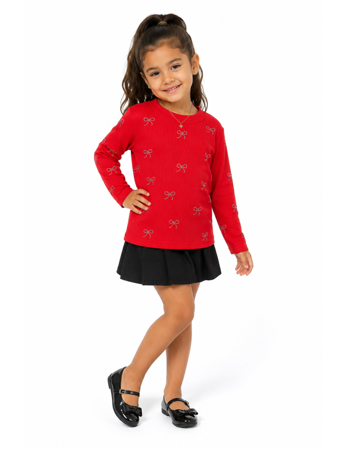 T-shirt Rouge Côtelé Nœuds Strass Fille | Zerda