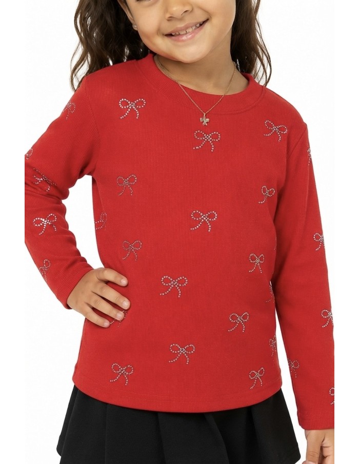 T-shirt Rouge Côtelé Nœuds Strass Fille | Zerda