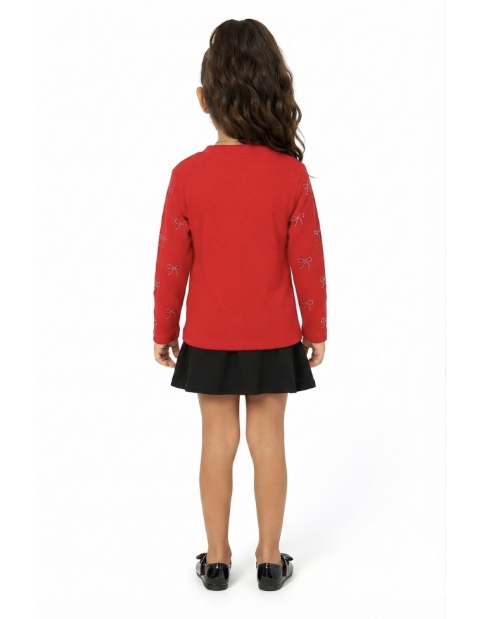 T-shirt Rouge Côtelé Nœuds Strass Fille | Zerda