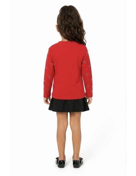 T-shirt Rouge Côtelé Nœuds Strass Fille | Zerda