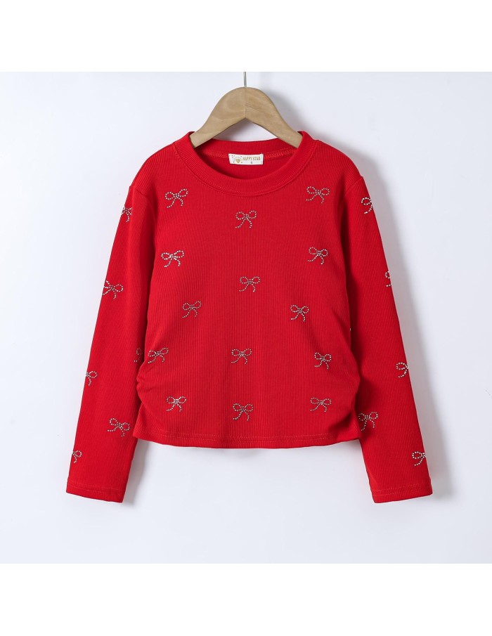 T-shirt Rouge Côtelé Nœuds Strass Fille | Zerda