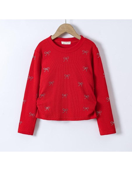 T-shirt Rouge Côtelé Nœuds Strass Fille | Zerda