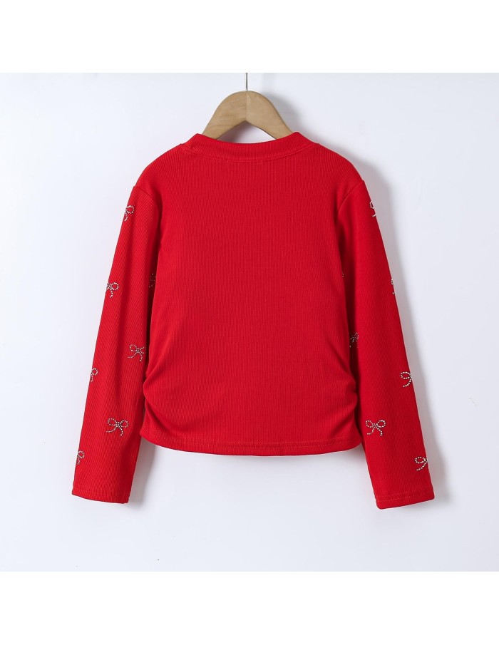 T-shirt Rouge Côtelé Nœuds Strass Fille | Zerda