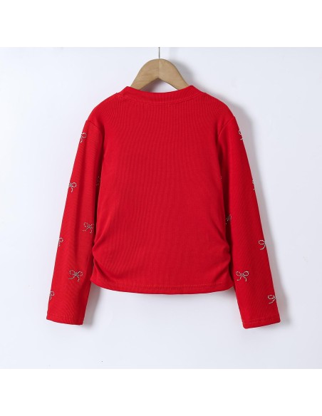 T-shirt Rouge Côtelé Nœuds Strass Fille | Zerda