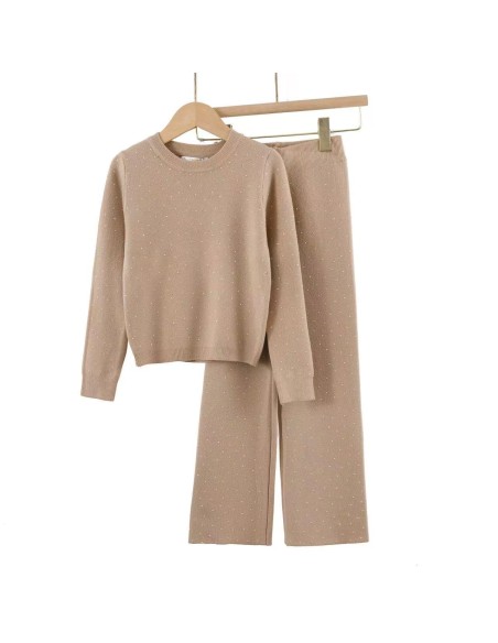 Ensemble Strass Beige Pull Pantalon Fille | Zerda