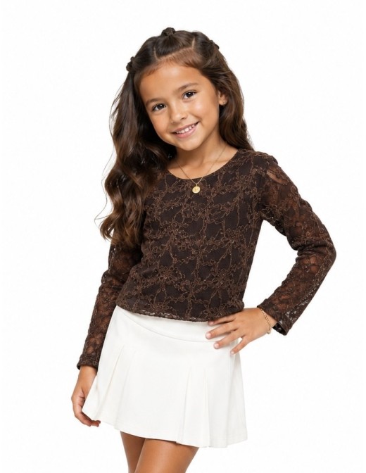 Top Dentelle Marron Manches Longues Fille - 4 à 14 ans
