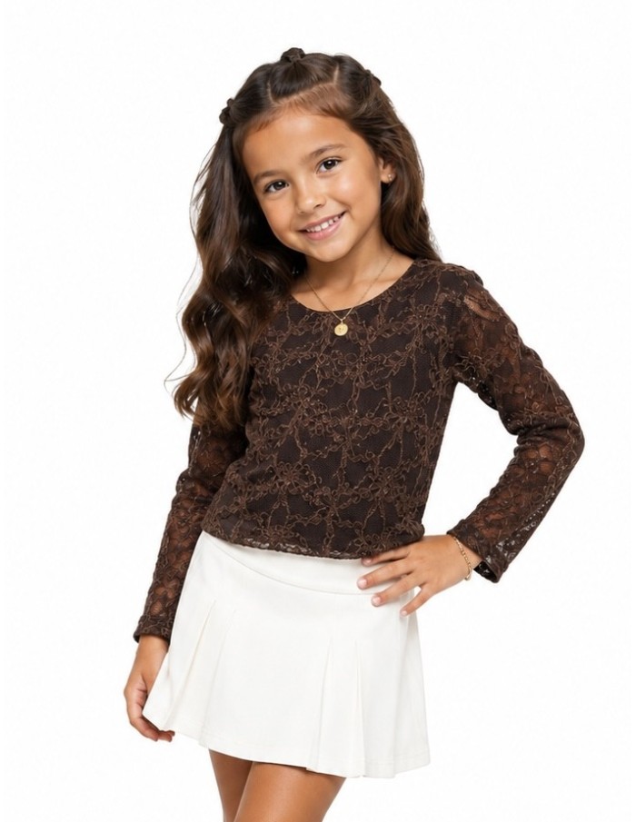 Top Dentelle Marron Manches Longues Fille - 4 à 14 ans