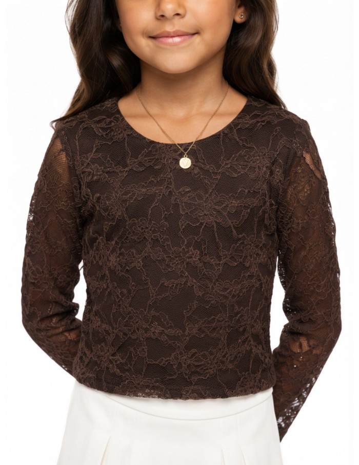 Top Dentelle Marron Manches Longues Fille - 4 à 14 ans