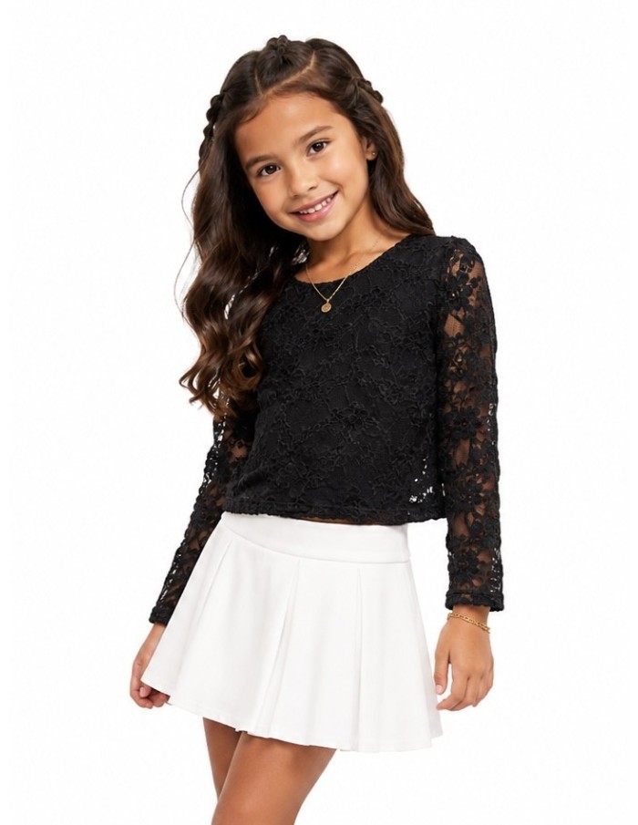 Top Dentelle Noir Manches Longues Fille | Zerda