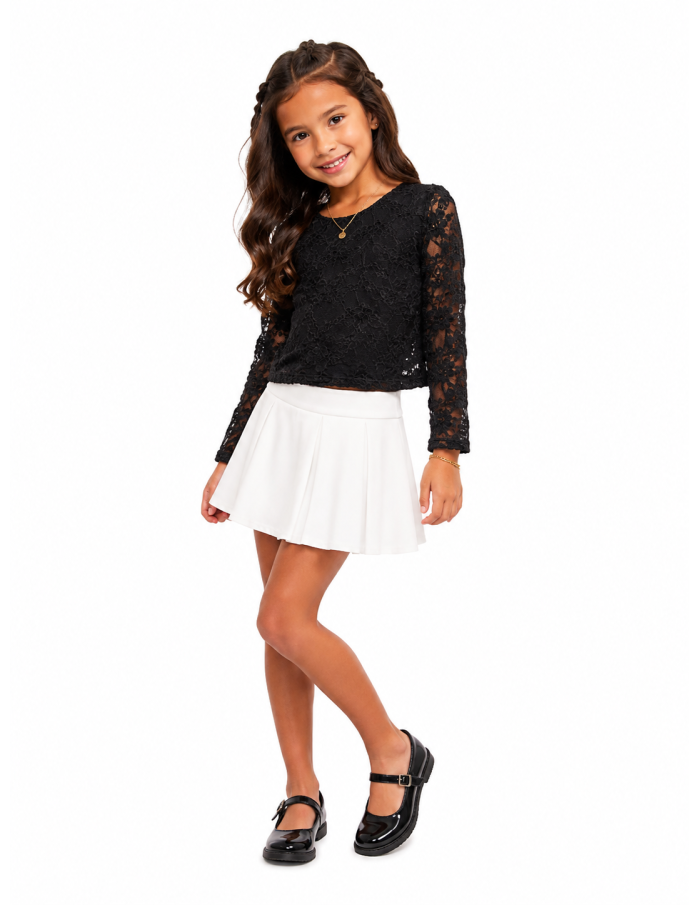 Top Dentelle Noir Manches Longues Fille | Zerda
