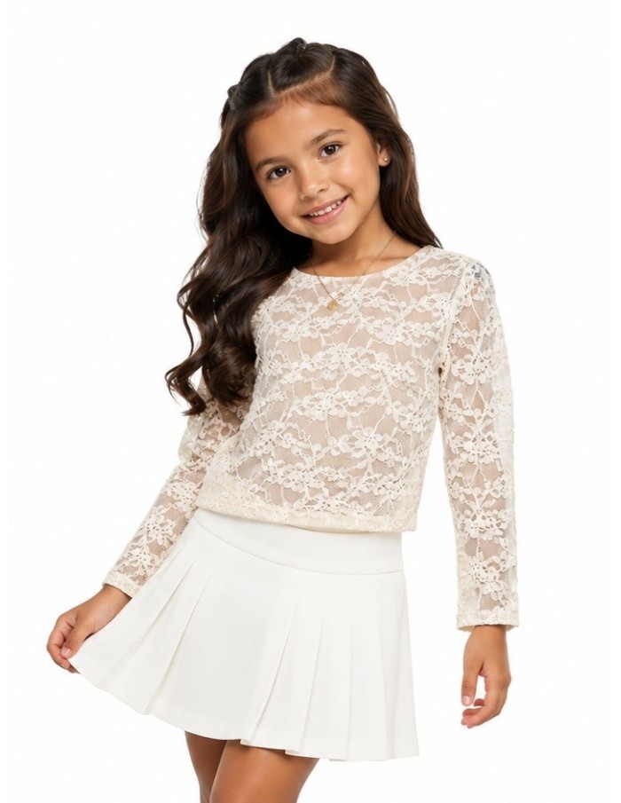 Top Dentelle Beige Manches Longues Fille | Zerda