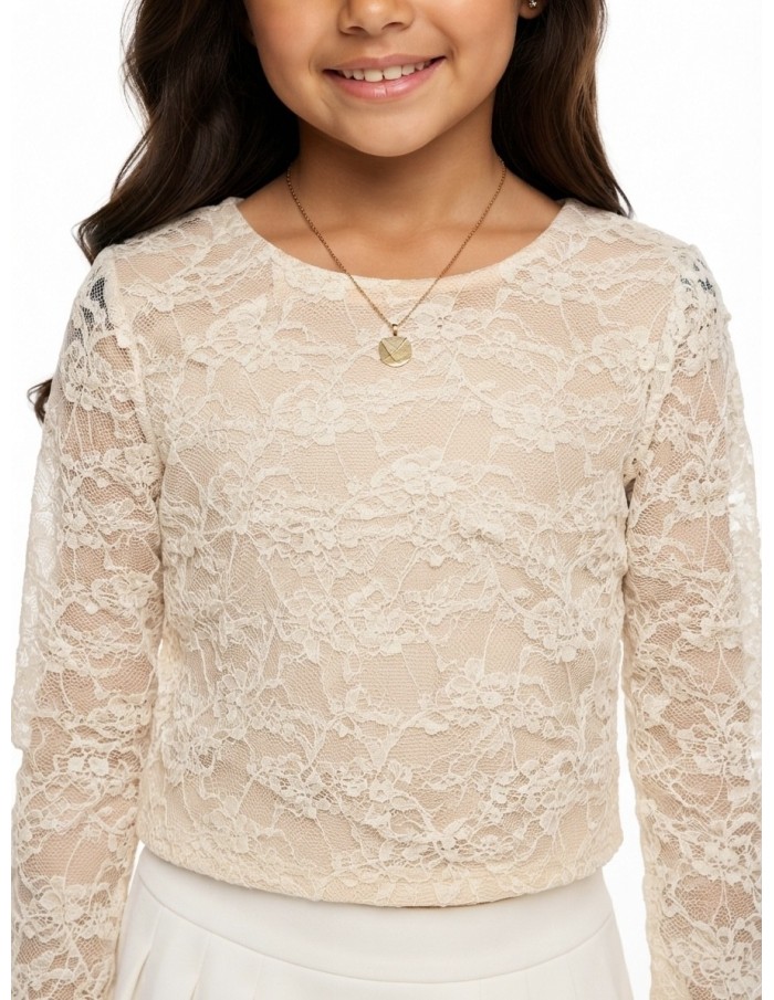 Top Dentelle Beige Manches Longues Fille | Zerda