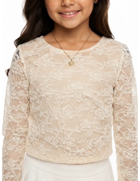 Top Dentelle Beige Manches Longues Fille | Zerda