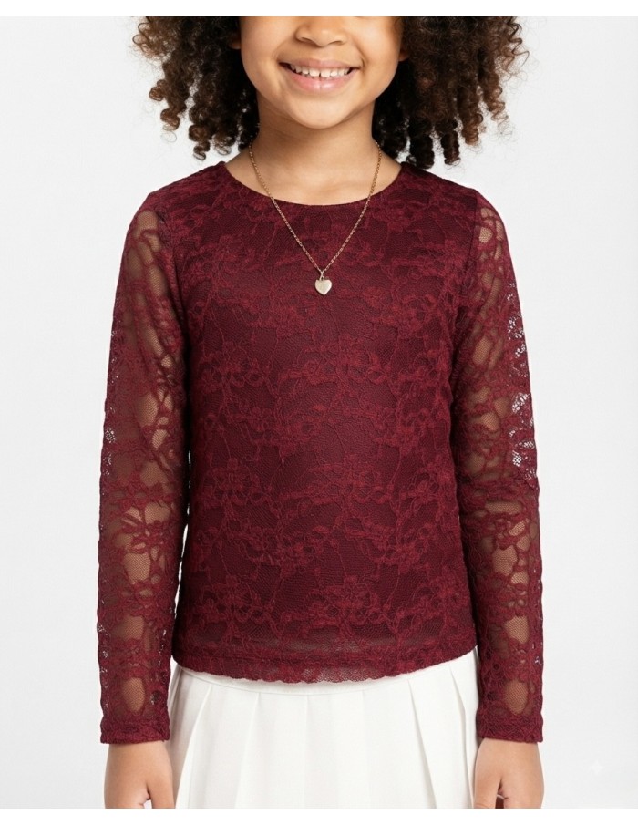 Top Dentelle Bordeau Manches Longues Fille | Zerda