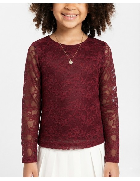 Top Dentelle Bordeau Manches Longues Fille | Zerda