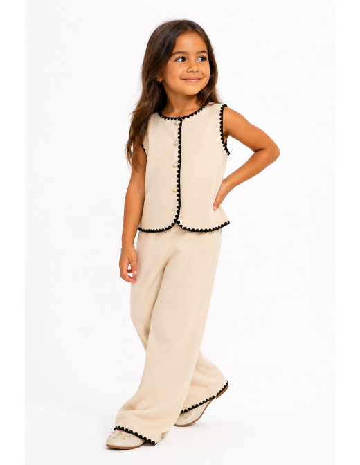Ensemble Gilet Beige Clair Bordure Blanche Fille | Zerda
