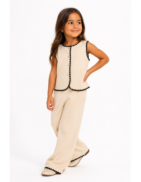 Ensemble Gilet Beige Clair Bordure Blanche Fille | Zerda