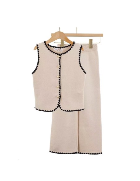 Ensemble Gilet Beige Clair Bordure Blanche Fille | Zerda