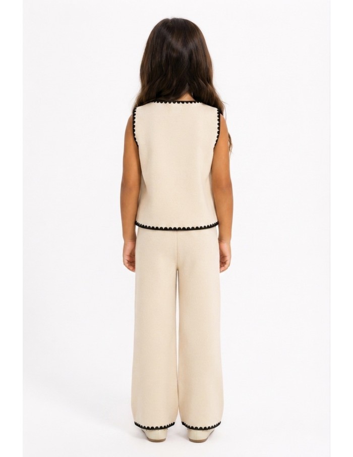 Ensemble Gilet Beige Clair Bordure Blanche Fille | Zerda