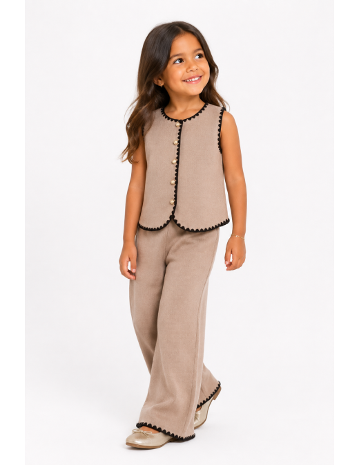 Ensemble Gilet Beige Bordure Blanche Fille | Zerda
