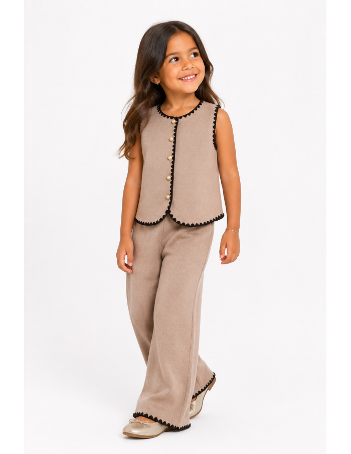 Ensemble Gilet Beige Bordure Blanche Fille | Zerda