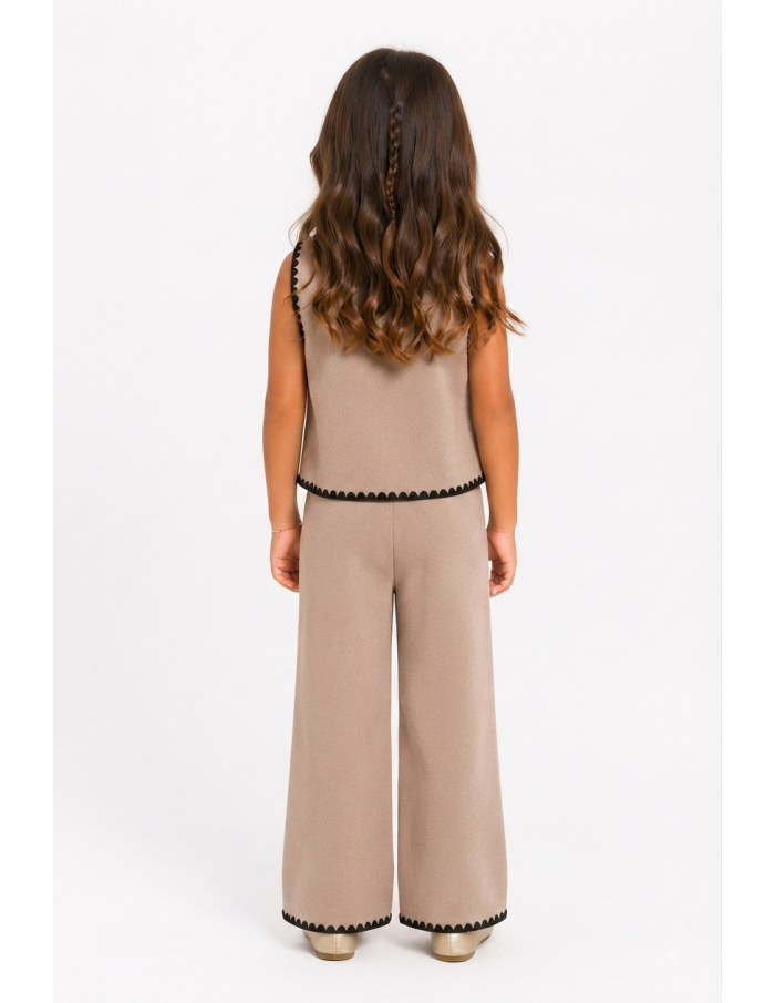 Ensemble Gilet Beige Bordure Blanche Fille | Zerda