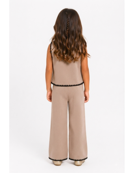 Ensemble Gilet Beige Bordure Blanche Fille | Zerda