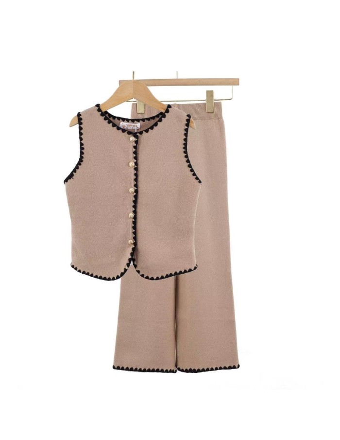 Ensemble Gilet Beige Bordure Blanche Fille | Zerda