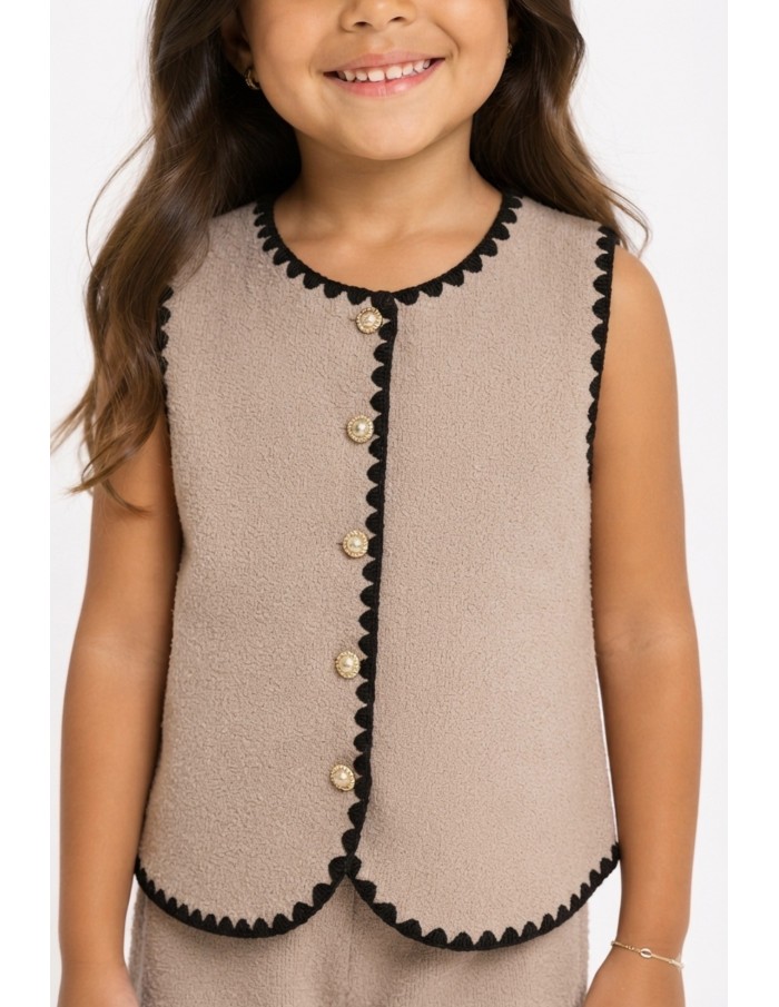 Ensemble Gilet Beige Bordure Blanche Fille | Zerda