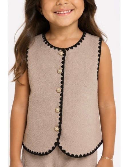 Ensemble Gilet Beige Bordure Blanche Fille | Zerda