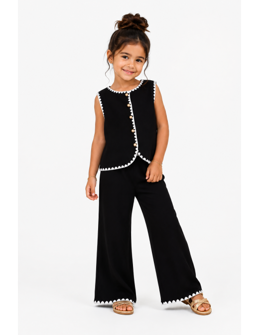 Ensemble Gilet Noir Bordure Blanche Fille | Zerda