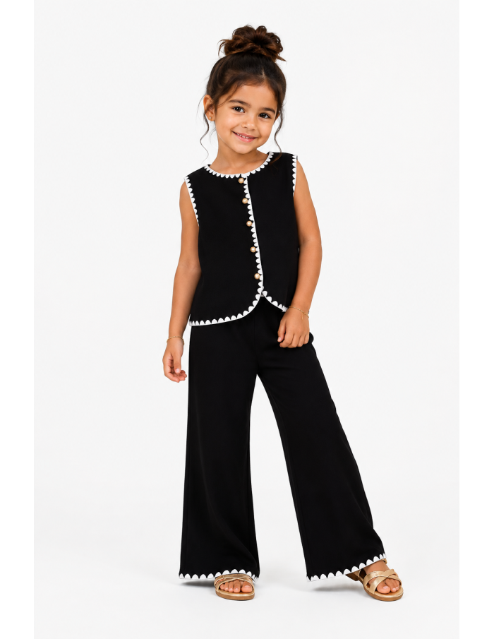 Ensemble Gilet Noir Bordure Blanche Fille | Zerda