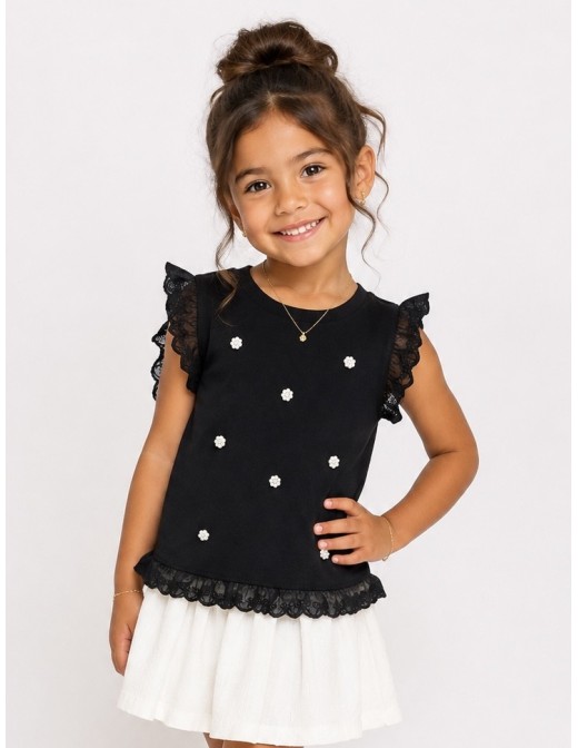 TOP NOIR VOLANTS PERLES FILLE - 4 À 14 ANS
