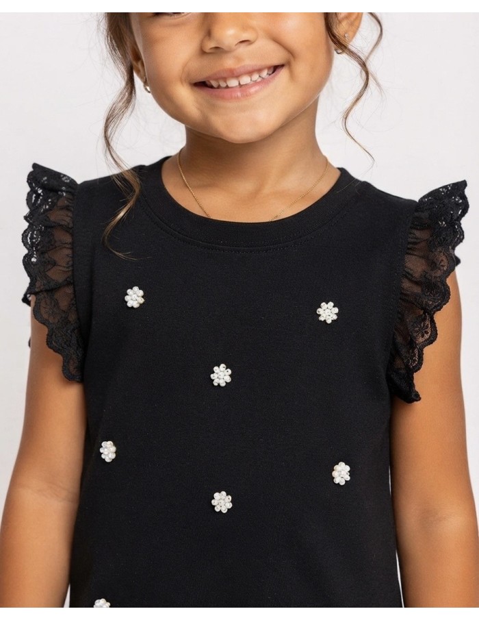 TOP NOIR VOLANTS PERLES FILLE - 4 À 14 ANS