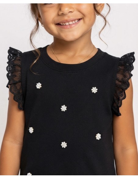 TOP NOIR VOLANTS PERLES FILLE - 4 À 14 ANS