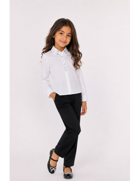 Chemise manches longues strass col - portée avec pantalon noir