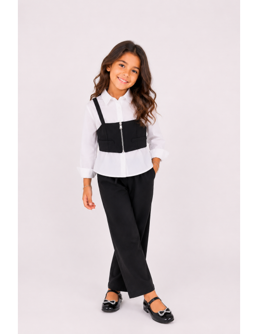 : Ensemble chemise top noir pantalon fille - porté de face
