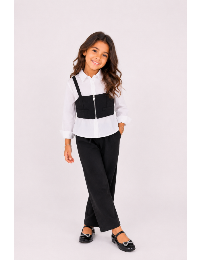 : Ensemble chemise top noir pantalon fille - porté de face