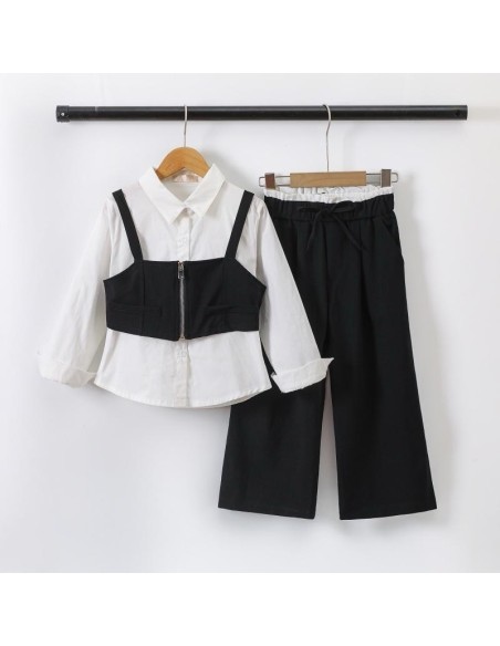 Chemise blanche débardeur zippé pantalon large - vue à plat