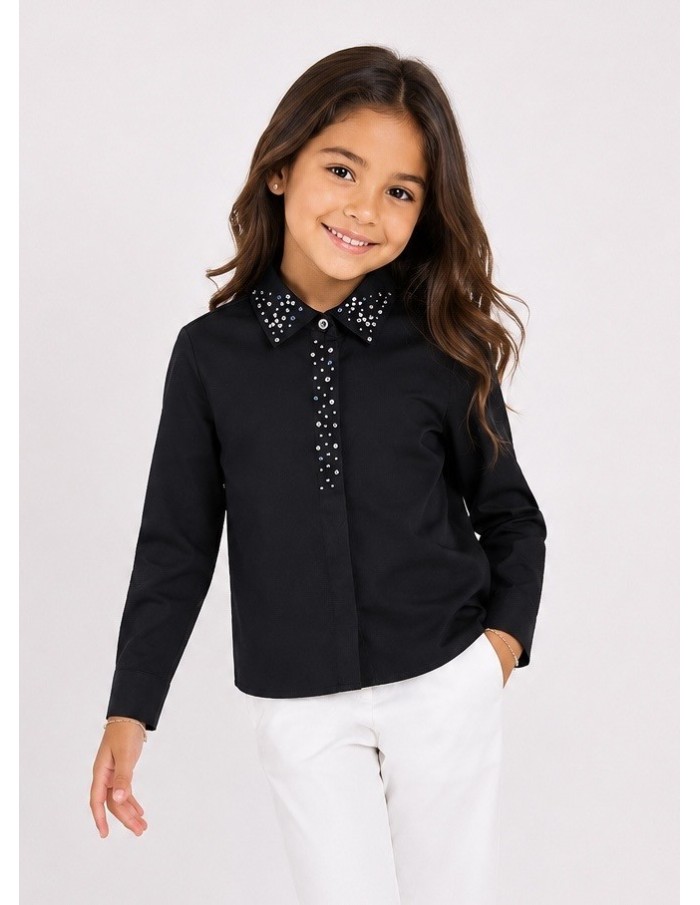 Chemise Noire Col Perlé Fille | Zerda