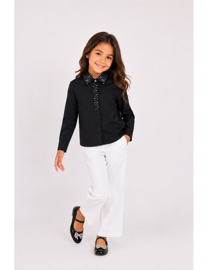 Chemise Noire Col Perlé Fille | Zerda