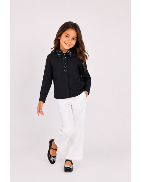 Chemise Noire Col Perlé Fille | Zerda