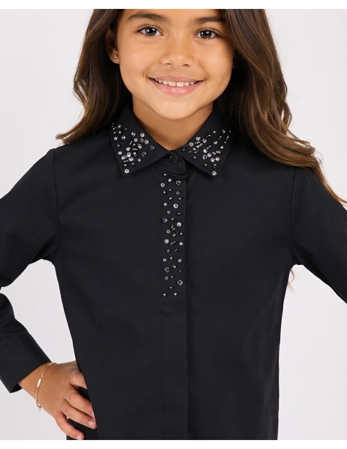 Chemise Noire Col Perlé Fille | Zerda