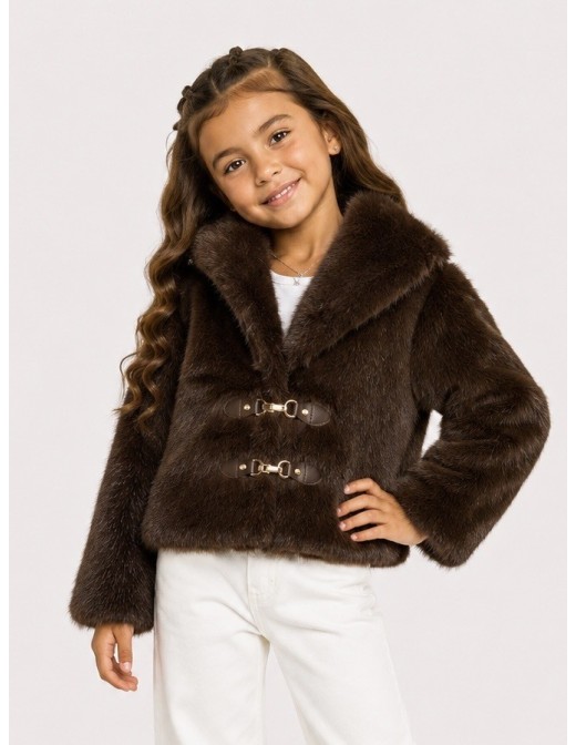 Veste fourrure marron fille - portée de face