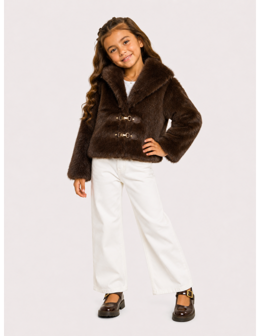 Veste fourrure marron fille - portée de face 2