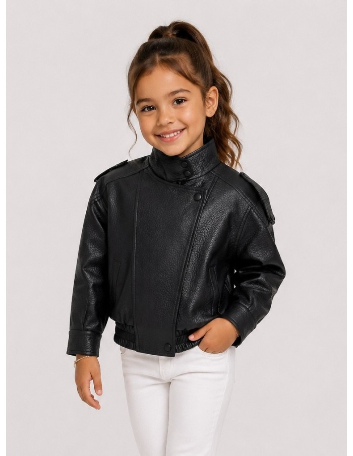 Veste similicuir noire motard fille - portée de face