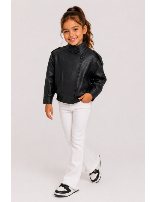 Veste similicuir noire motard fille - portée de face 2