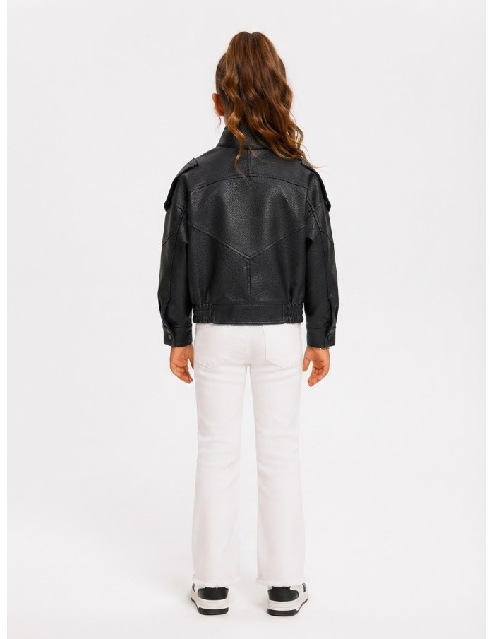 Blouson cuir col montant zippé fille - porté de dos