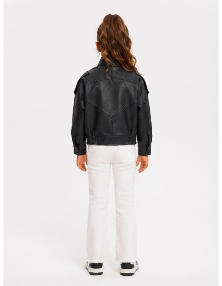 Blouson cuir col montant zippé fille - porté de dos